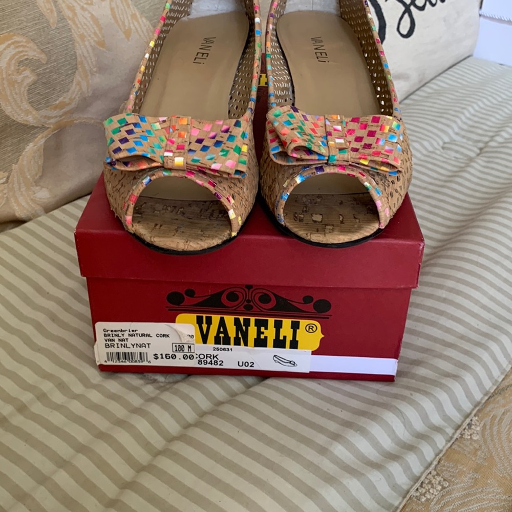 Vaneli peep toe wedges.  Tan, multi color trip, bow & heal
